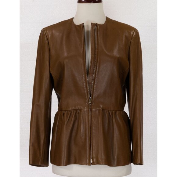GUCCI BROWN LAMBSKI LEATHER JACKET WITH PEPLUM